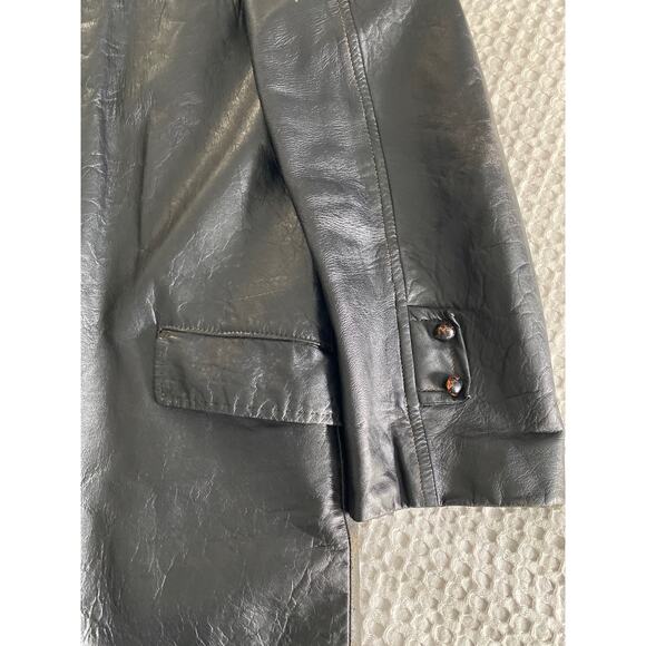 Vintage Lightly Distressed Black Leather Trench Coat Wooden Button Mens Med 38 - Picture 13 of 16